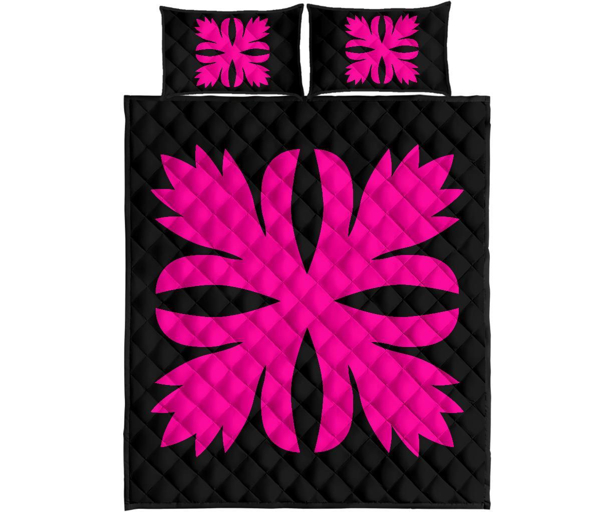 Hawaiian Royal Pattern Quilt Bed Set - Black And Pink - C3 Style - Polynesian Pride