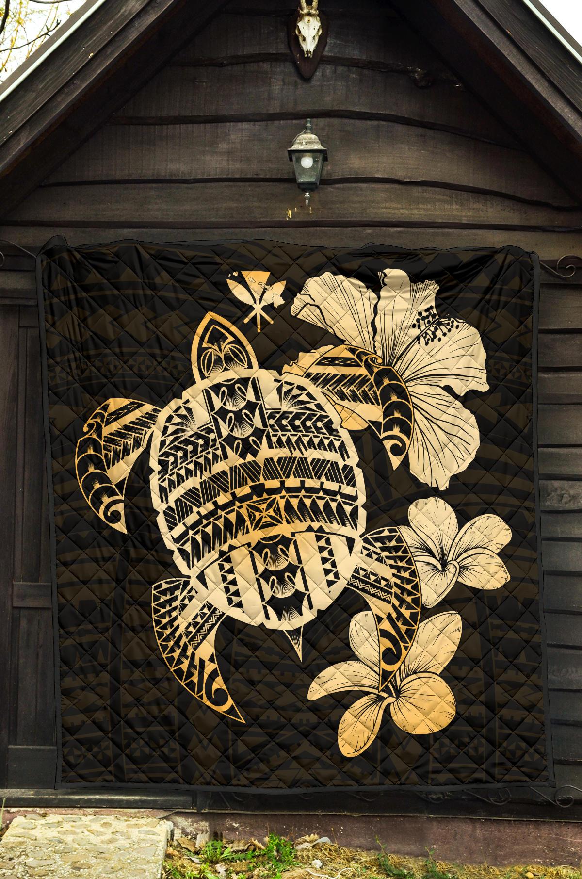 Hawaiian Kanaka Hibiscus Plumeria Mix Polynesian Turtle Premium Quilt Gold AH - Polynesian Pride