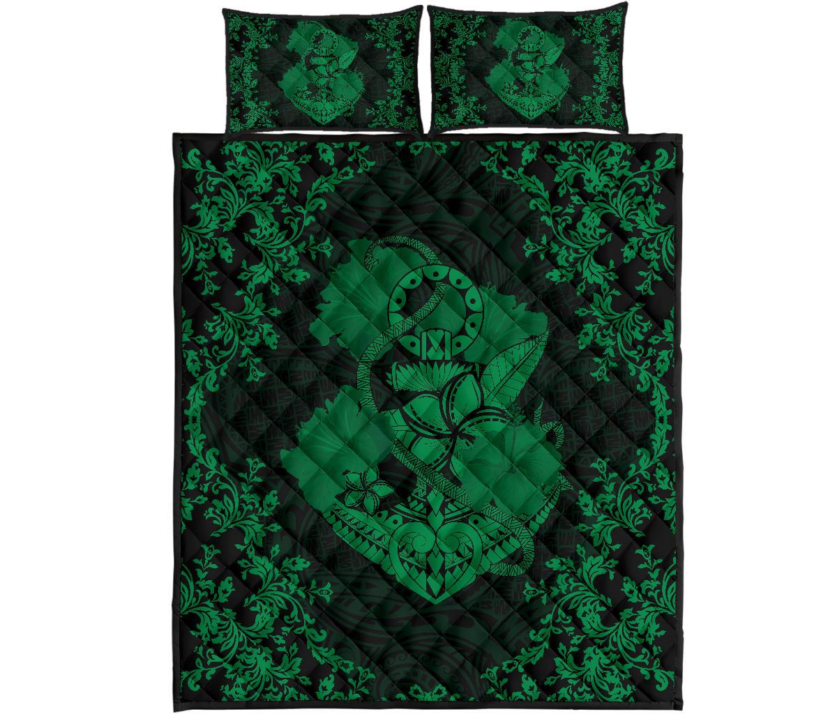 Hawaii Anchor Hibiscus Flower Vintage Quilt Bed Set - AH - Green Green - Polynesian Pride