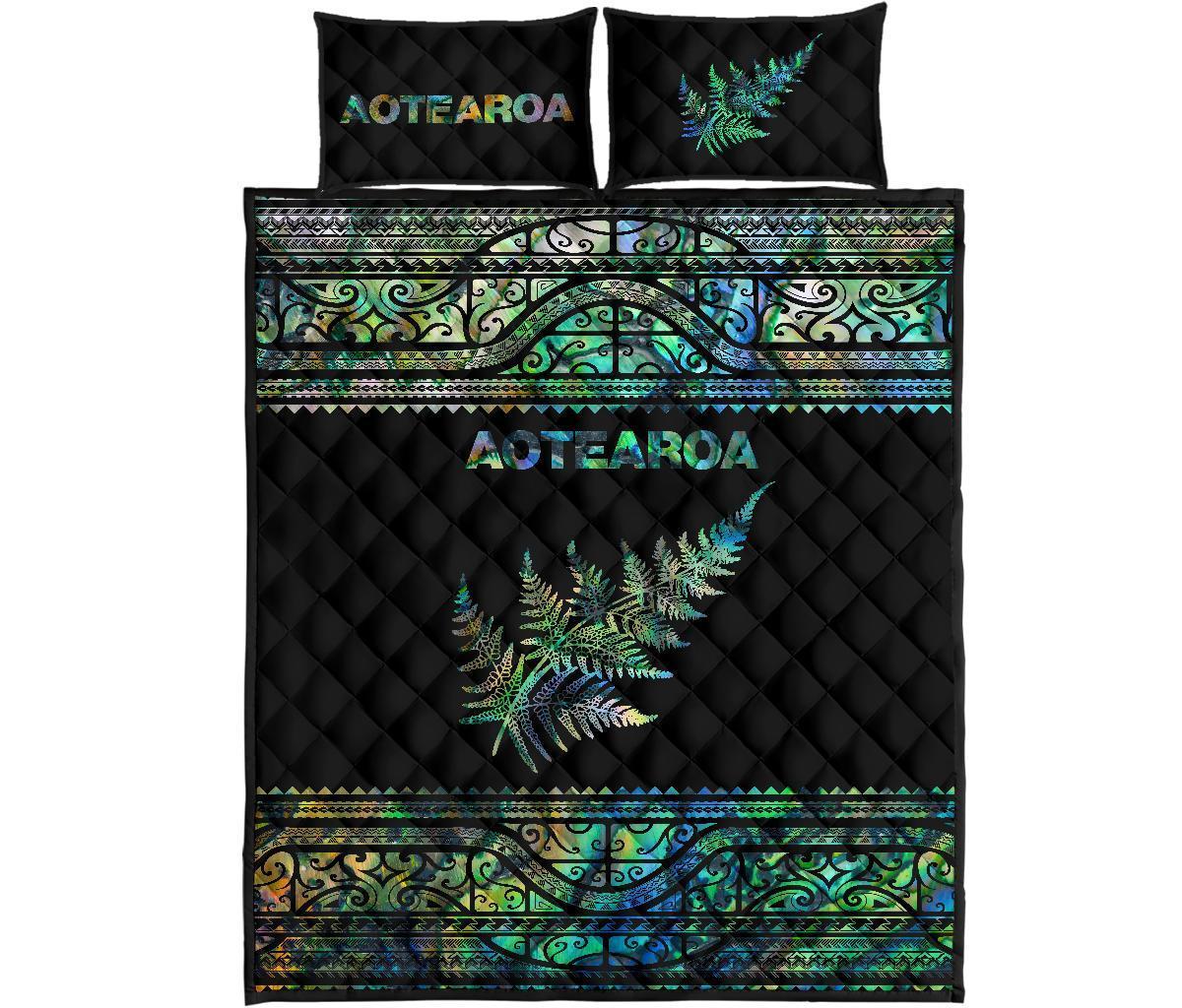 Aotearoa Maori Silver Fern Quilt Bed Set Paua Shell - Polynesian Pride