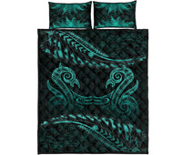Aotearoa Quilt Bed Set Turquoise Maori Manaia With Silver Fern - Polynesian Pride