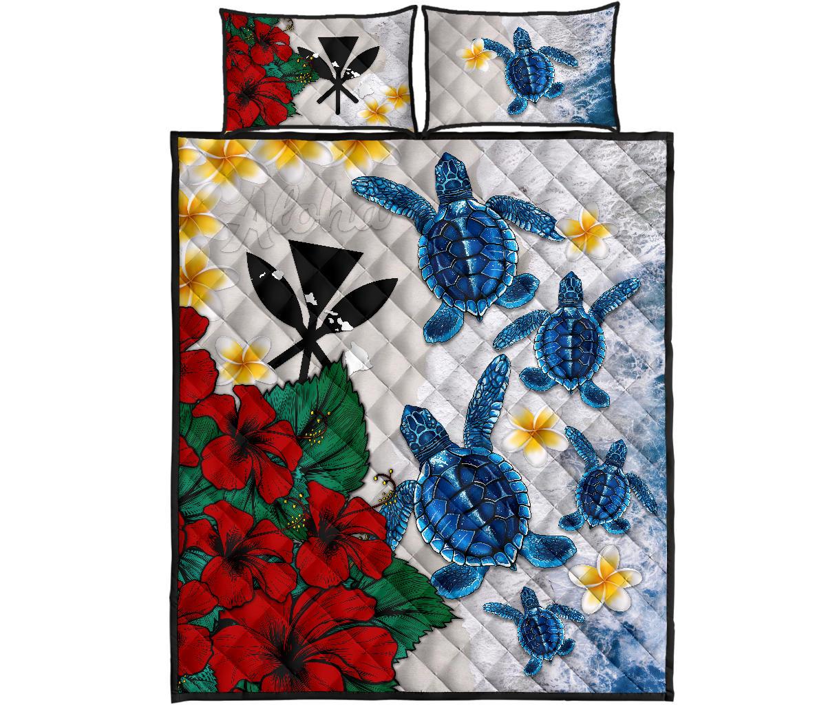 Kanaka Maoli (Hawaiian) Quilt Bed Set - Aloha Sea Turtles Hibiscus Blue - Polynesian Pride