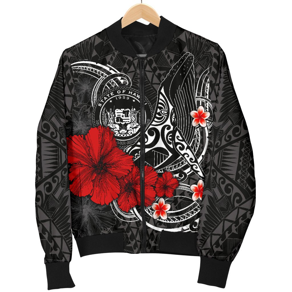 Polynesian Hawaii Men's Bomber Jacket - Humpback Whale with Hibiscus (White) - Polynesian Pride