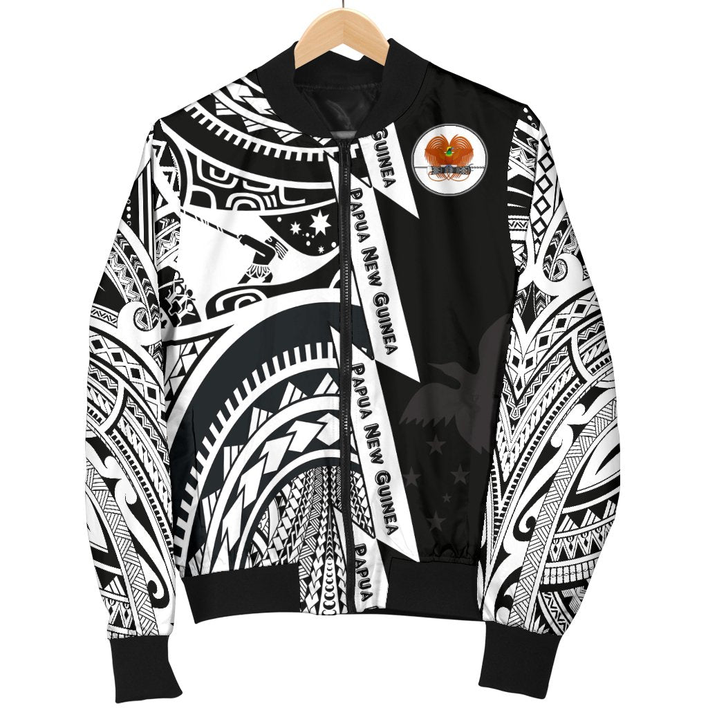 Polynesian Guinea Men's Bomber Jacket - Moana Maui Tattoo With Coat Of Arm Guinea White - Polynesian Pride
