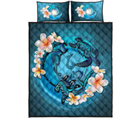 Marshall Islands Polynesian Quilt Bed Set - Blue Plumeria Animal Tattoo - Polynesian Pride