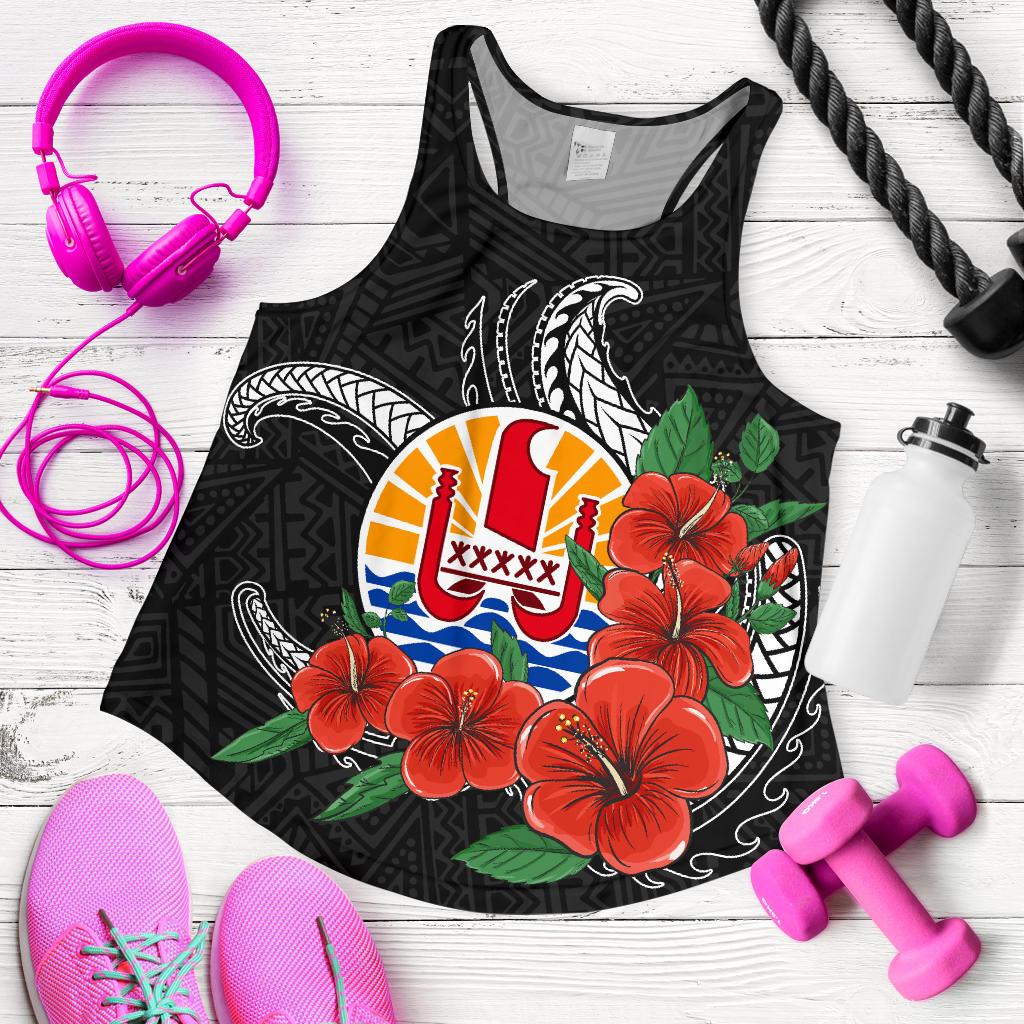 Tahiti Polynesian Women Racerback Tank - Hibiscus Coat of Arm Black BLACK - Polynesian Pride