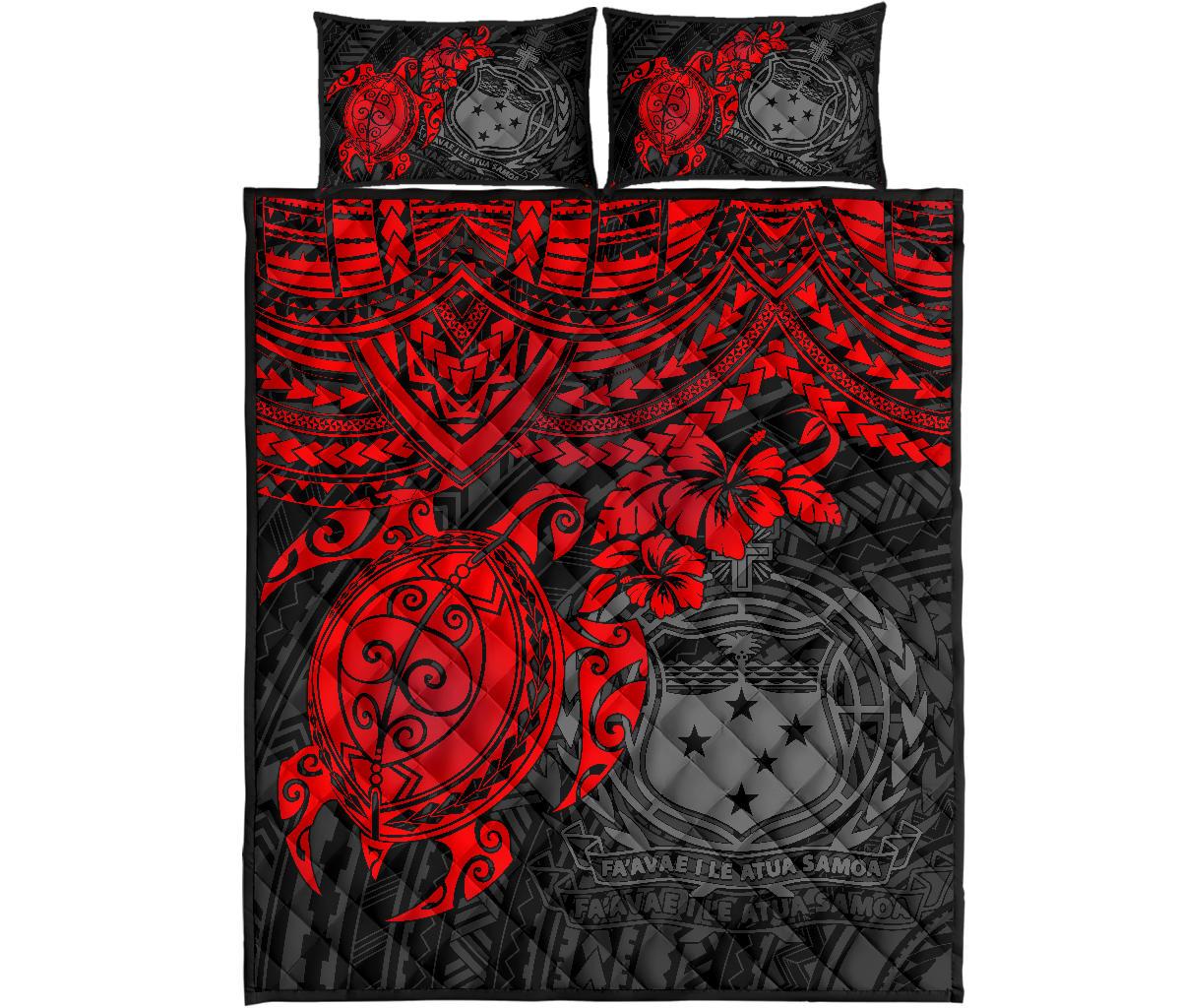 Samoa Polynesian Quilt Bed Set - Samoa Coat Of Arms & Red Turtle Hibiscus - Polynesian Pride