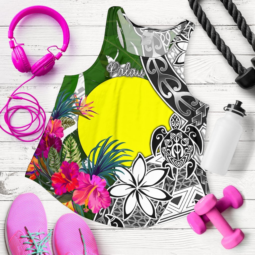 Palau Women's Racerback Tank White - Turtle Plumeria Banana Leaf White - Polynesian Pride