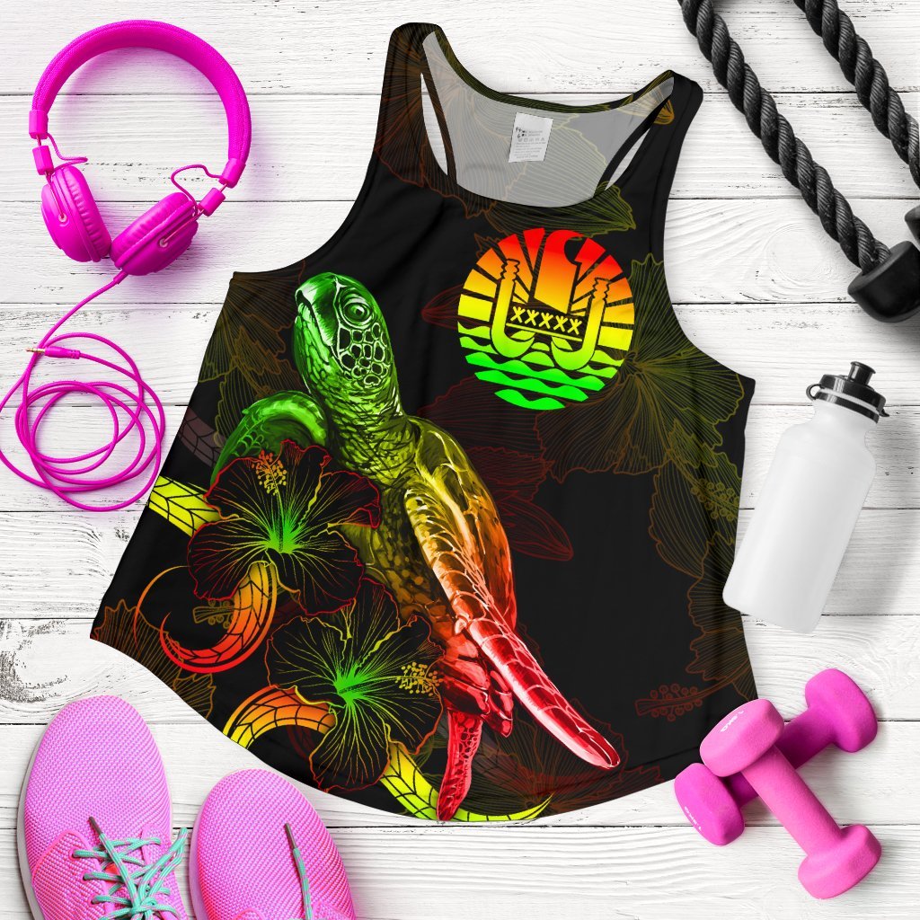 Tahiti Polynesian Women Tank Top - Turtle With Blooming Hibiscus Reggae Reggae - Polynesian Pride