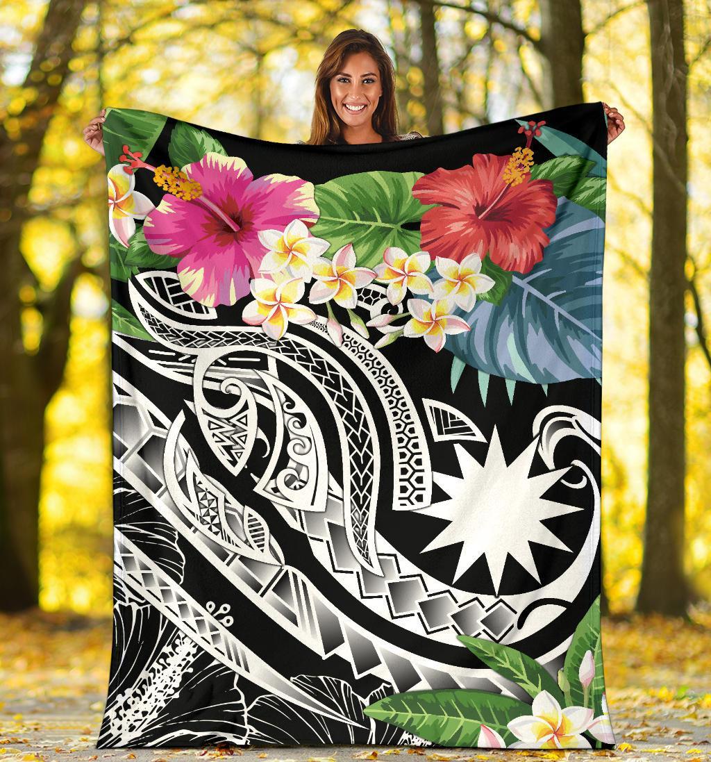 Nauru Polynesian Premium Blanket - Summer Plumeria (Black) - Polynesian Pride