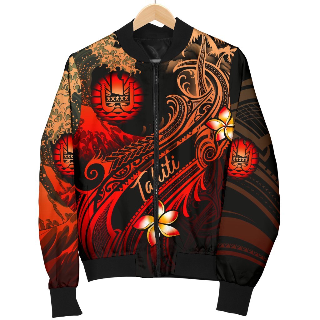 Tahiti Polynesian Bomber Jacket - Plumeria Flowers And Waves - Polynesian Pride