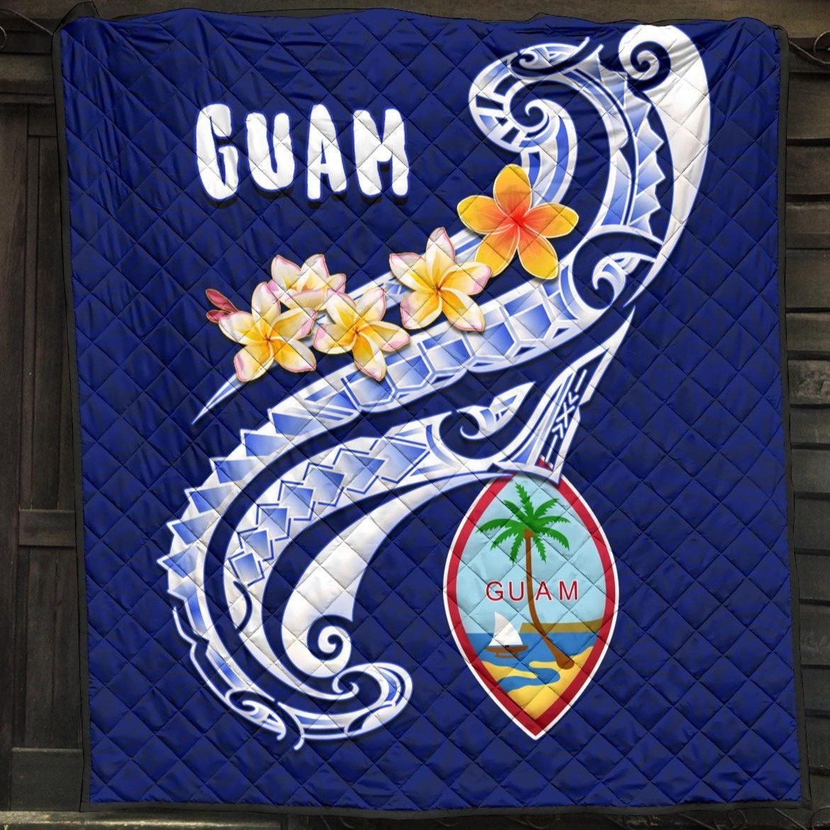 Guam Premium Quilt - Guam Seal Polynesian Patterns Plumeria (Blue) - Polynesian Pride