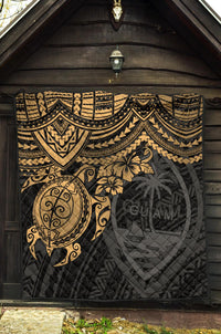 Guam Polynesian Premium Quilt - Guam Coat Of Arms & Golden Turtle Hibiscus - Polynesian Pride