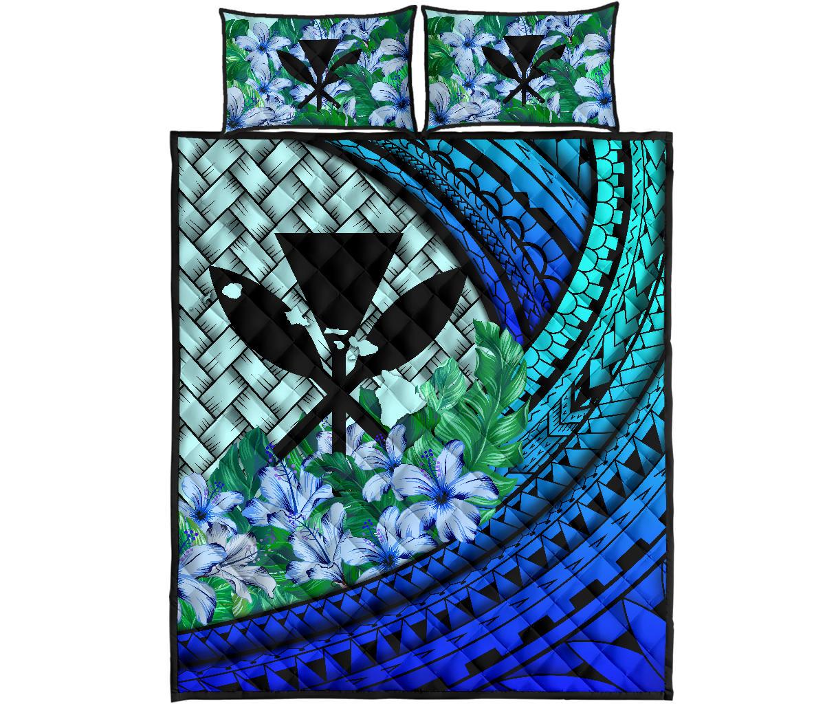Kanaka Maoli (Hawaiian) - Quilt Bed Set Lauhala Polynesian Hibiscus Blue Blue - Polynesian Pride