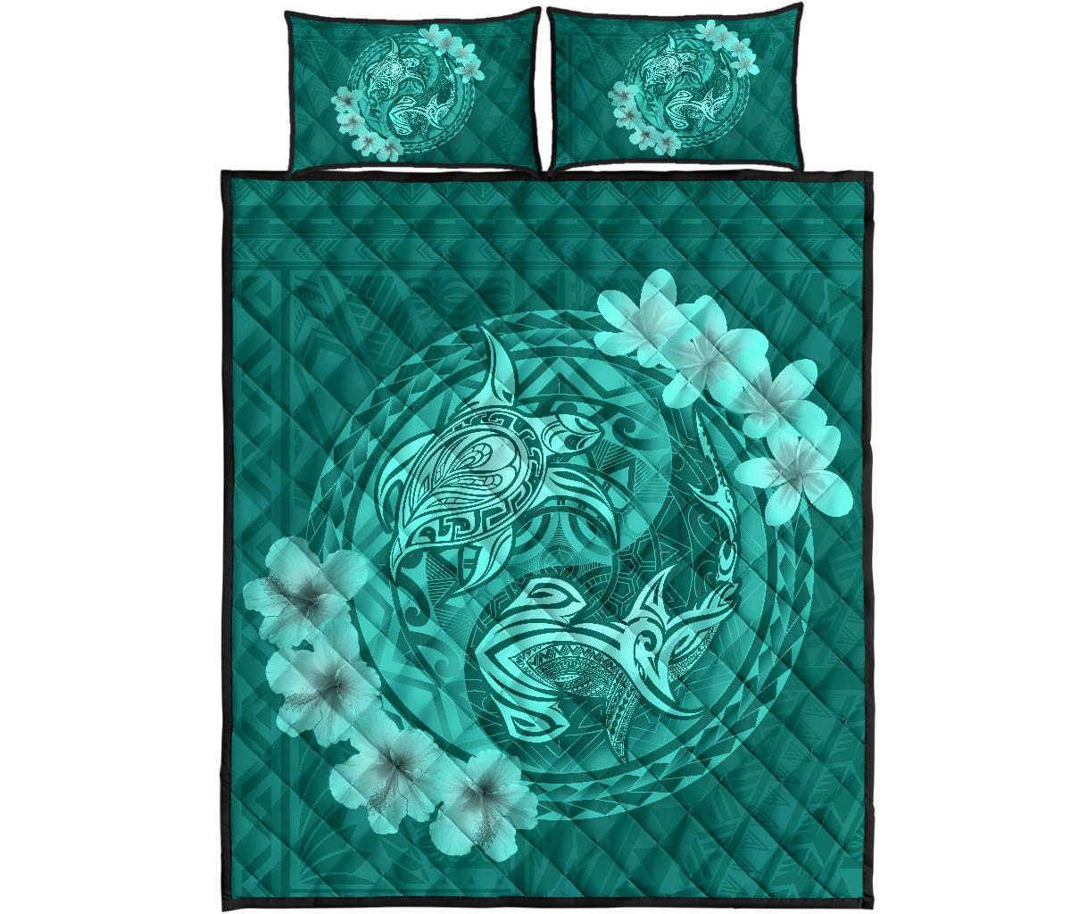 Hawaii Polynesian Turtle Tropical Hibiscus Plumeria Quilt Bet Set - Turquoise Turquoise - Polynesian Pride