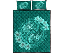 Hawaii Polynesian Turtle Tropical Hibiscus Plumeria Quilt Bet Set - Turquoise Turquoise - Polynesian Pride