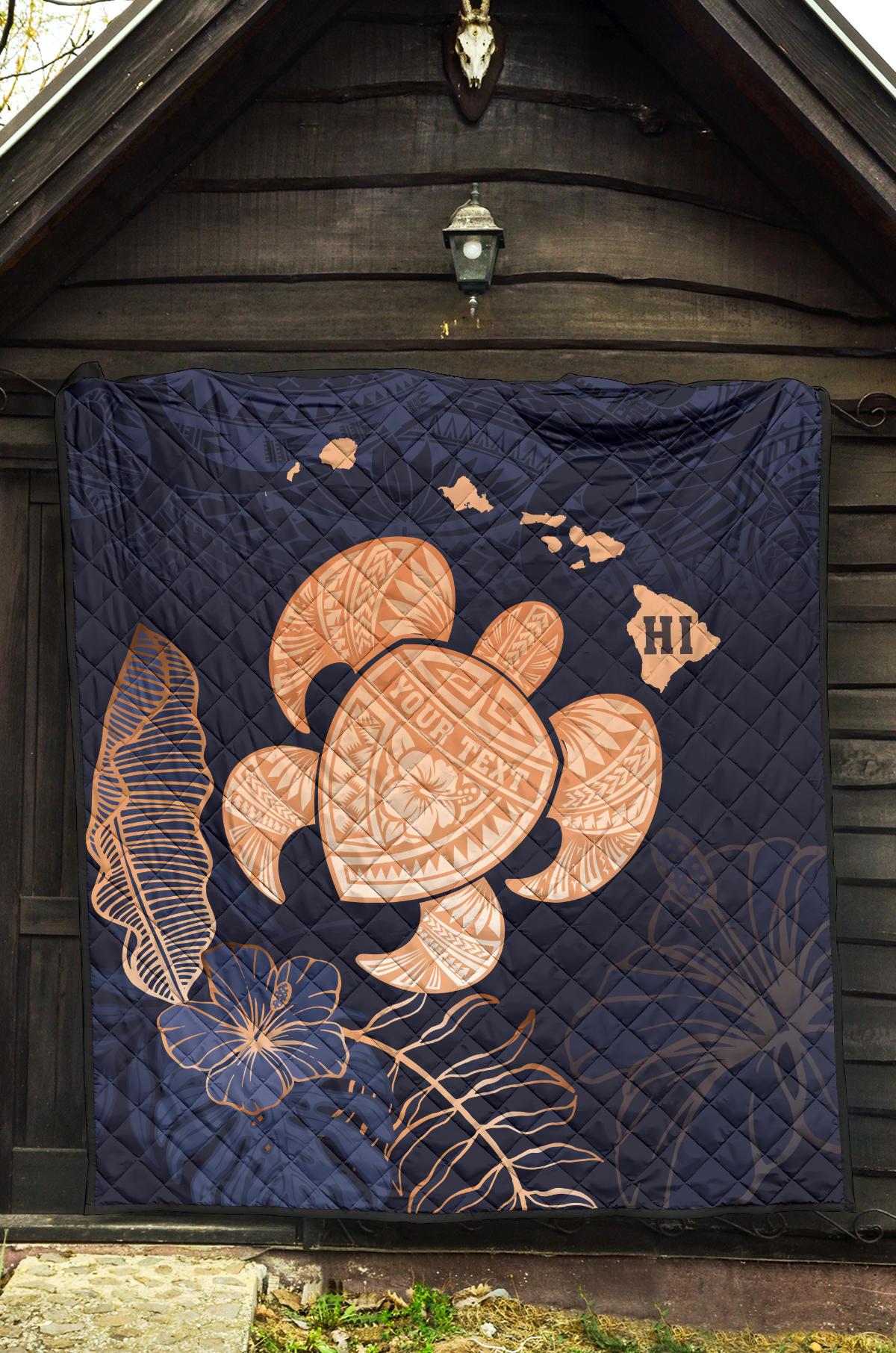 Personalized - Hawaii Kakau Polynesian Turtle Map Premium Quilt - Indigo - Polynesian Pride