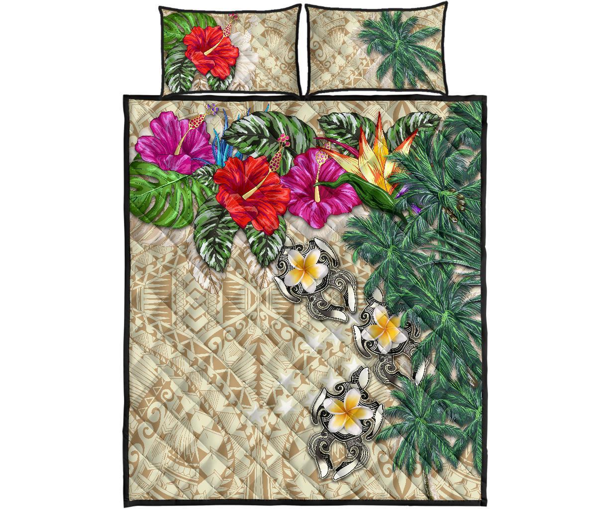 Tuvalu Polynesian Quilt Bed Set - Hibiscus Turtle Tattoo Beige - Polynesian Pride