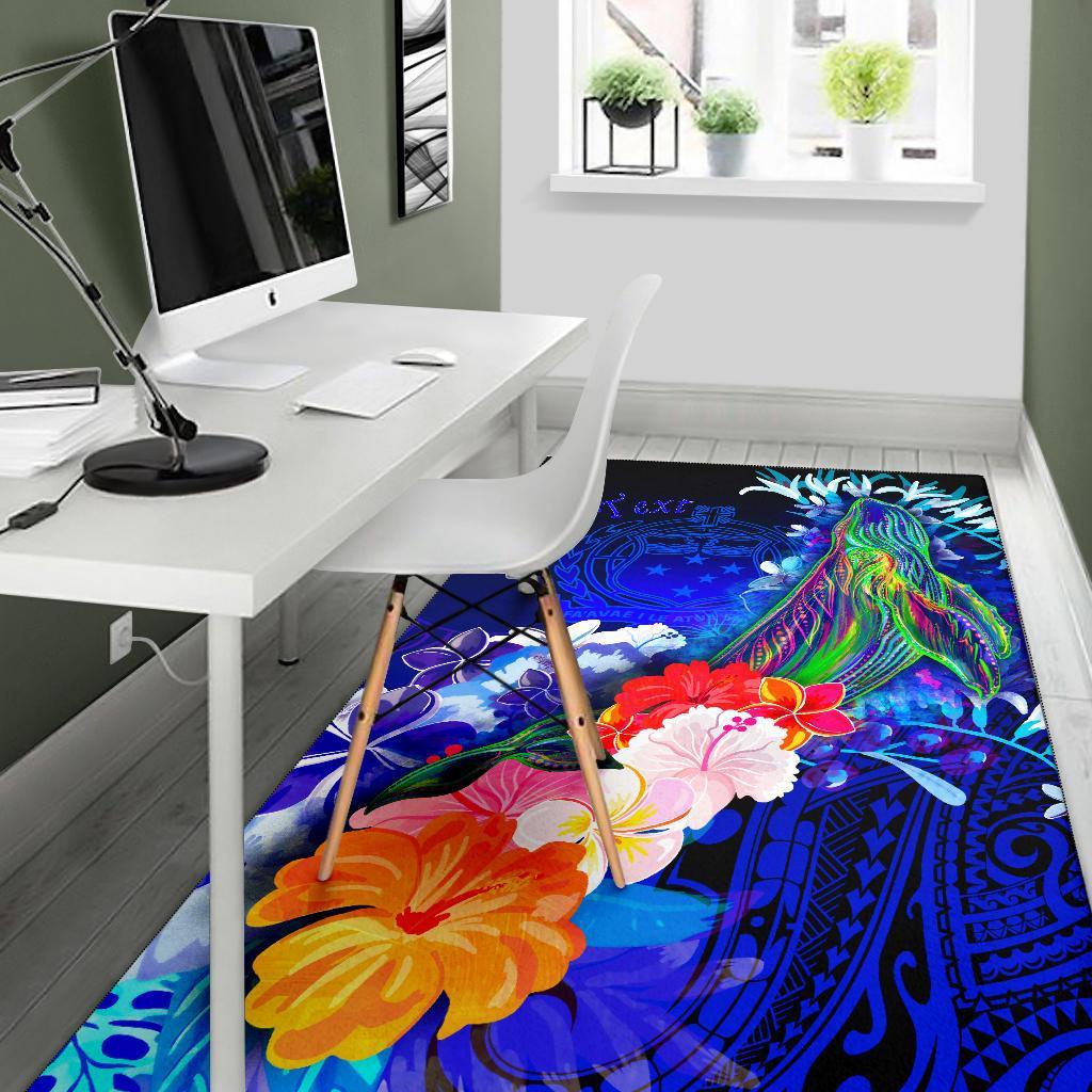 Custom Personalised Samoa Area Rug - Humpback Whale with Tropical Flowers (Blue) - Polynesian Pride