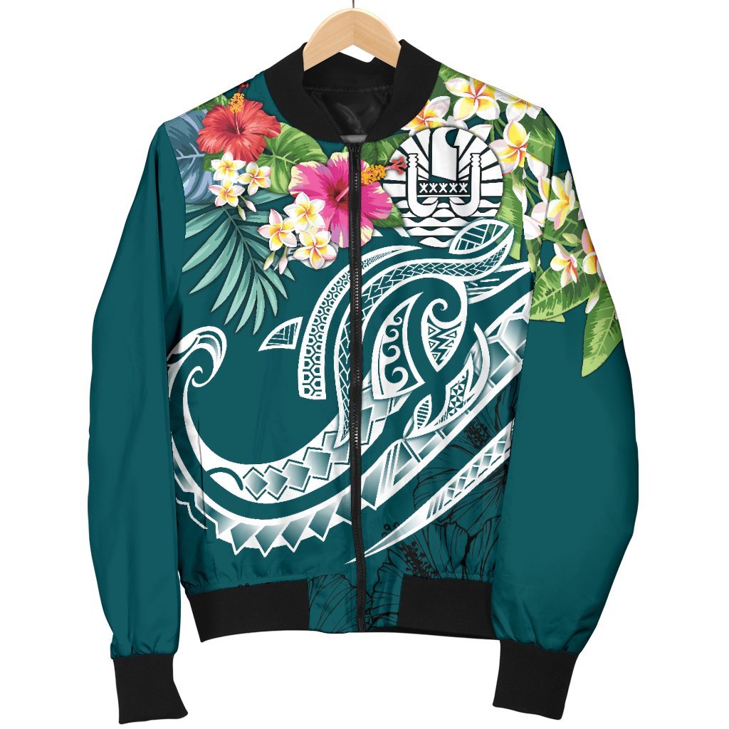 Tahiti Polynesian Men's Bomber Jacket - Summer Plumeria (Turquoise) - Polynesian Pride