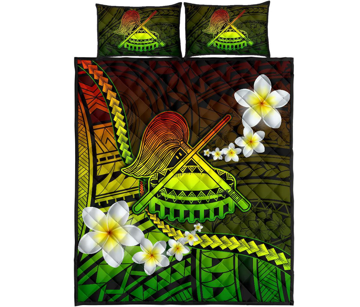 American Samoa Quilt Bed Set - Seal Of American Samoa With Plumeria Flowers - Polynesian Pride