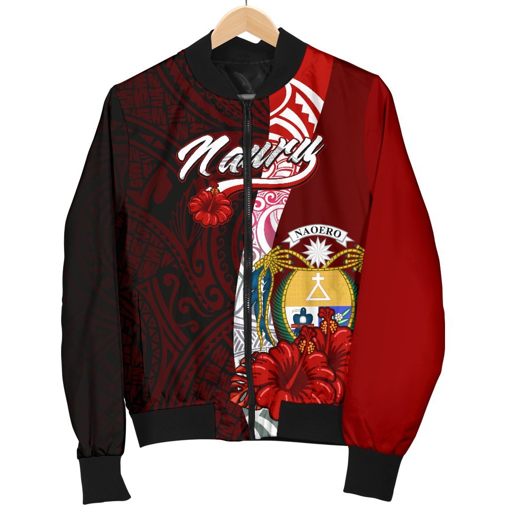 Nauru Polynesian Men's Bomber Jacket - Coat Of Arm With Hibiscus - Polynesian Pride