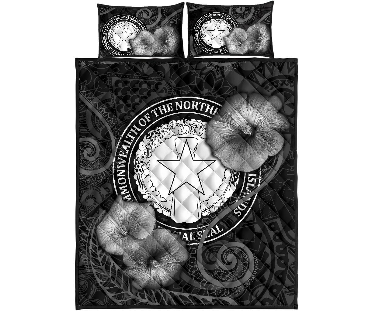 Northern Mariana Islands Polynesian Quilt Bed Set - Northern Mariana Islands Seal & Black Hibiscus - Polynesian Pride