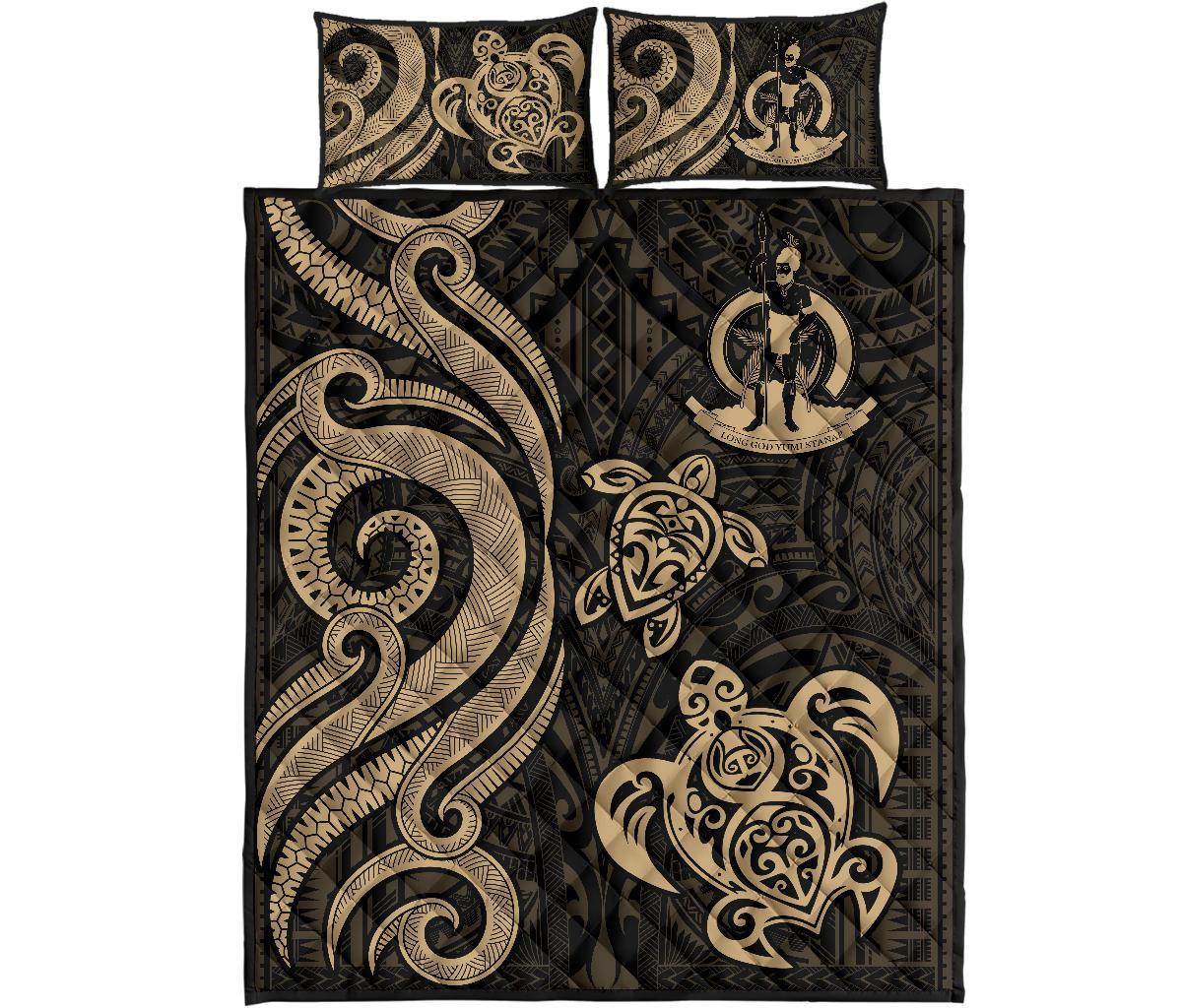 Vanuatu Quilt Bed Set - Gold Tentacle Turtle - Polynesian Pride