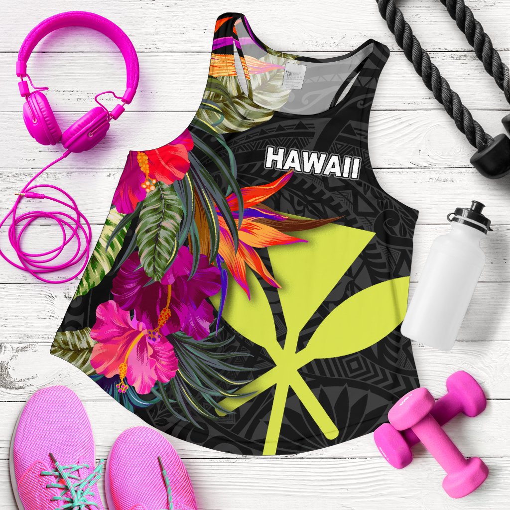 Hawaii Women's Racerback Tank - Hibiscus Polynesian Pattern Black - Polynesian Pride