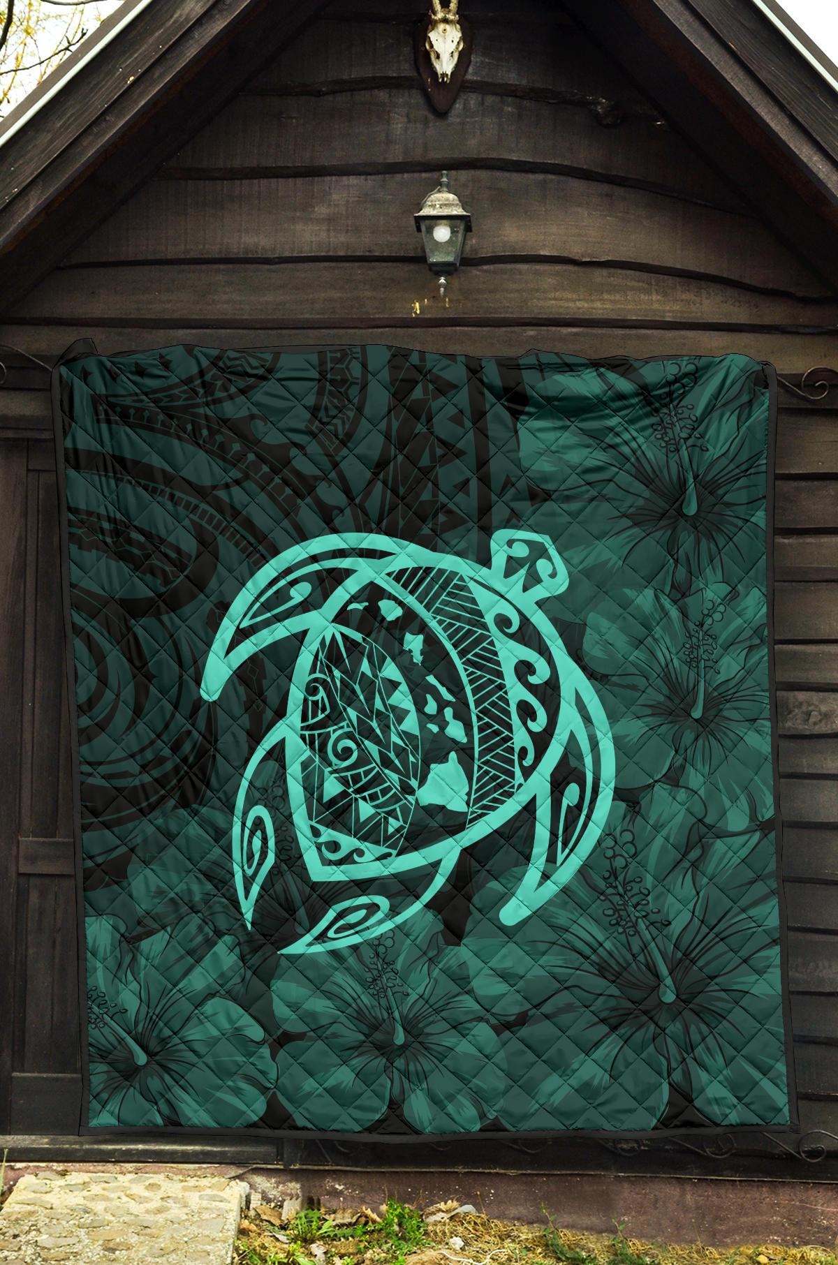 Hawaii Turtle Kanaka Map Hibiscus Poly Premium Quilt - Turquoise - Polynesian Pride