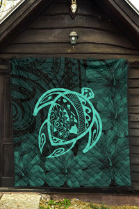 Hawaii Turtle Kanaka Map Hibiscus Poly Premium Quilt - Turquoise - Polynesian Pride