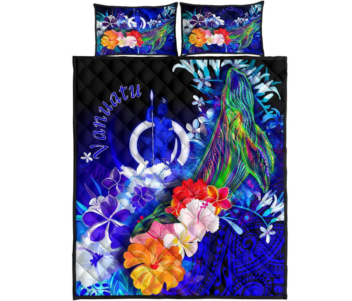 Vanuatu Quilt Bed Set - Humpback Whale with Tropical Flowers (Blue) - Polynesian Pride
