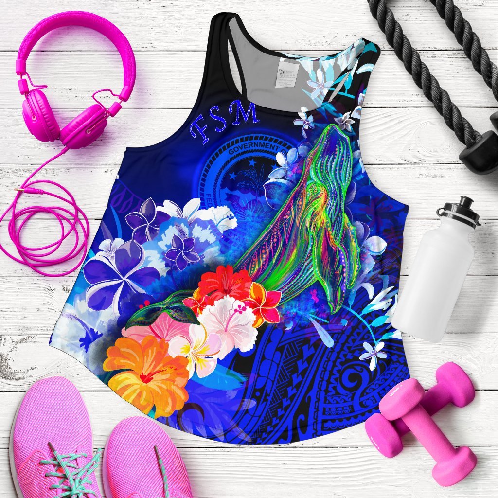 Federated States of Micronesia Racerback Tanks - Humpback Whale with Tropical Flowers (Blue) Blue - Polynesian Pride
