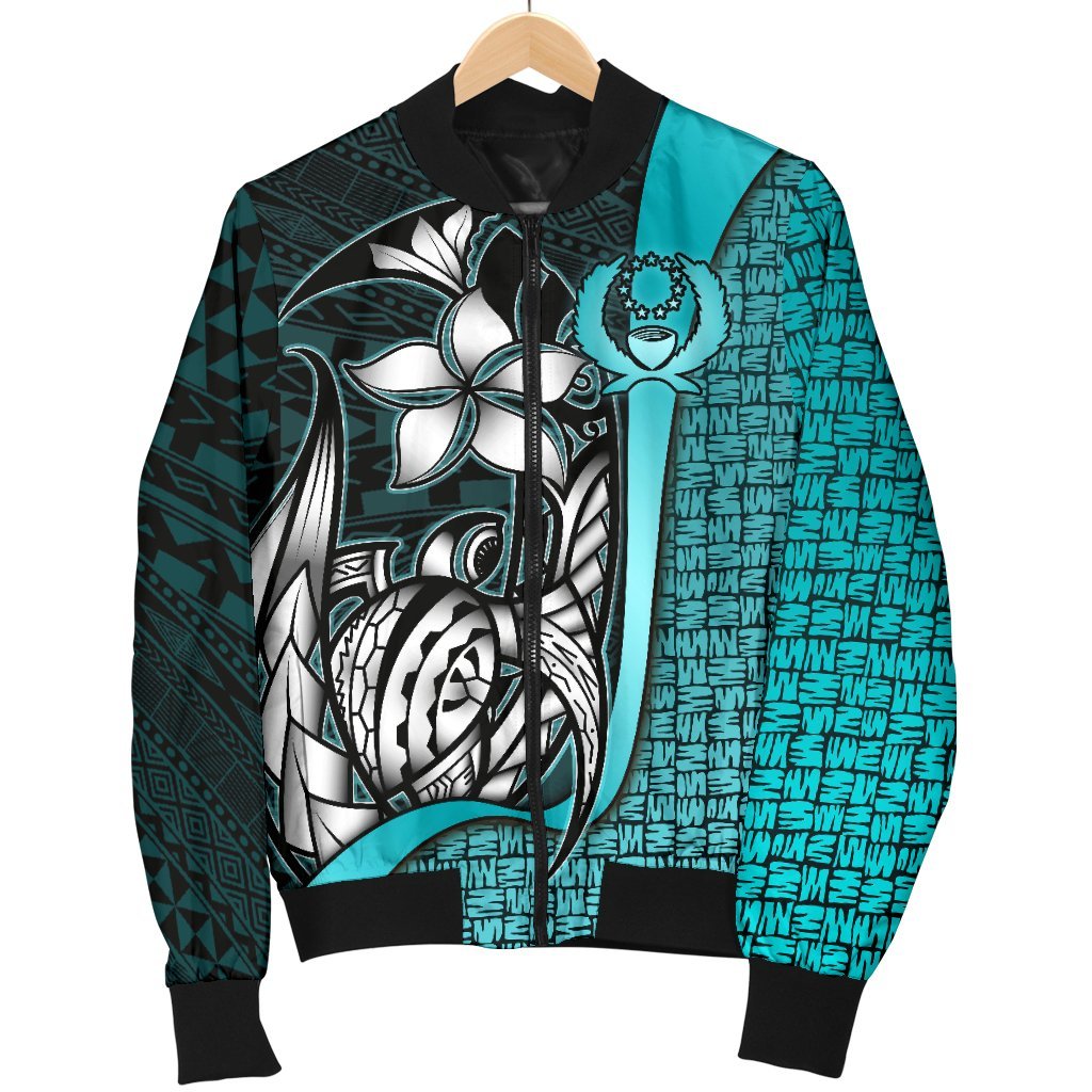 Pohnpei Micronesia Men's Bomber Jackets Turquoise - Turtle With Hook - Polynesian Pride