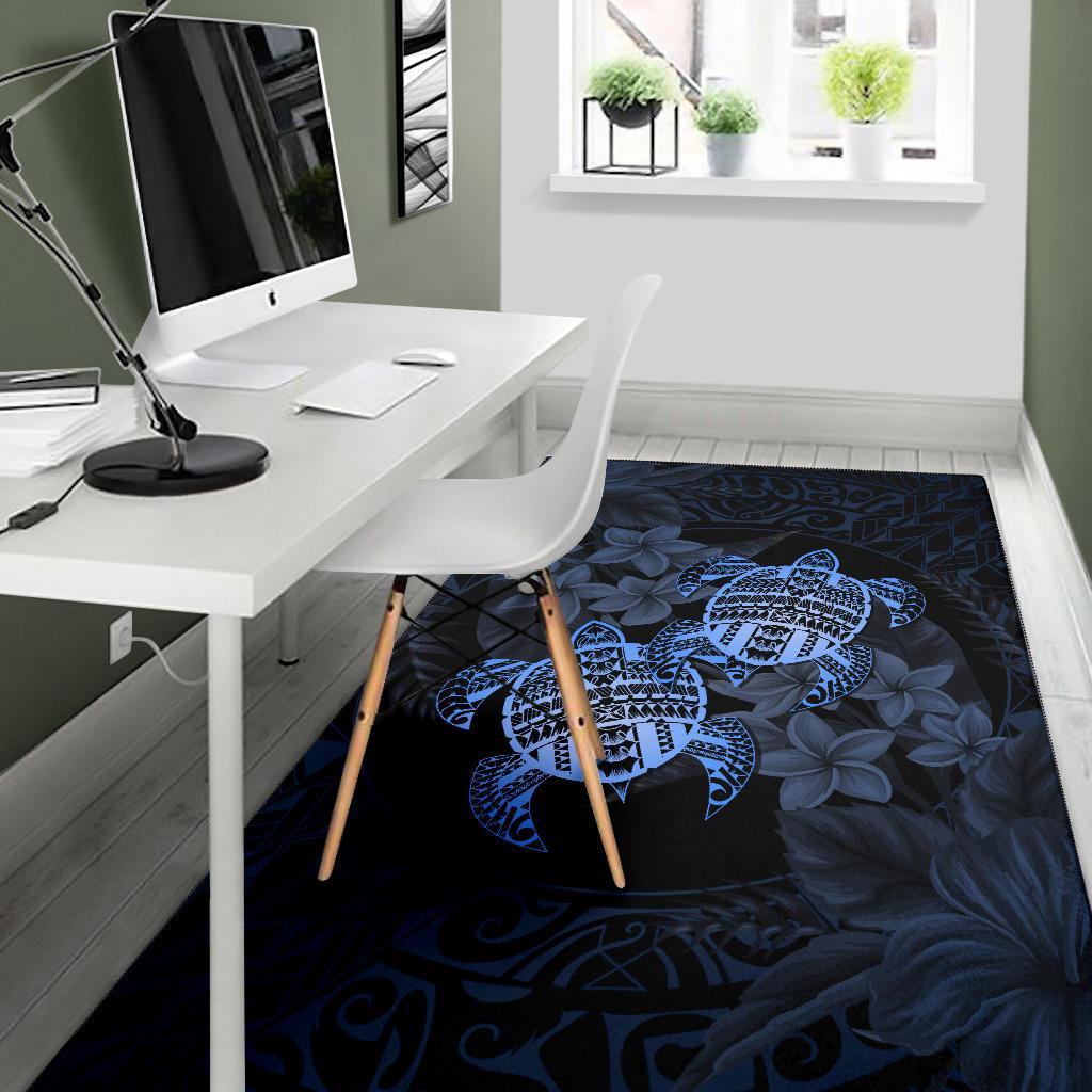 hawaii Rug - Turtle Strong Pattern Hibiscus Plumeria Blue AH - Polynesian Pride