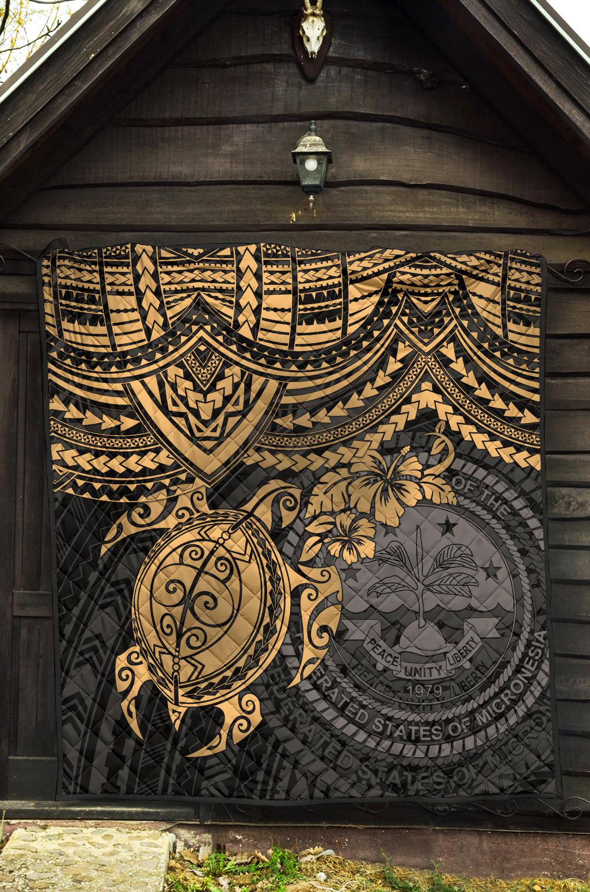 Federated States Of Micronesia Premium Quilt - Federated States Of Micronesia Seal & Golden Turtle Hibiscus - Polynesian Pride