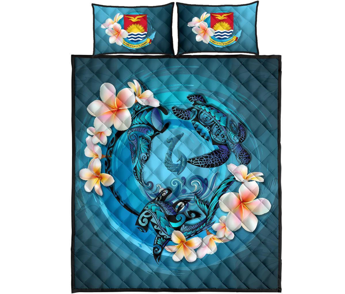 Kiribati Polynesian Quilt Bed Set - Blue Plumeria Animal Tattoo - Polynesian Pride