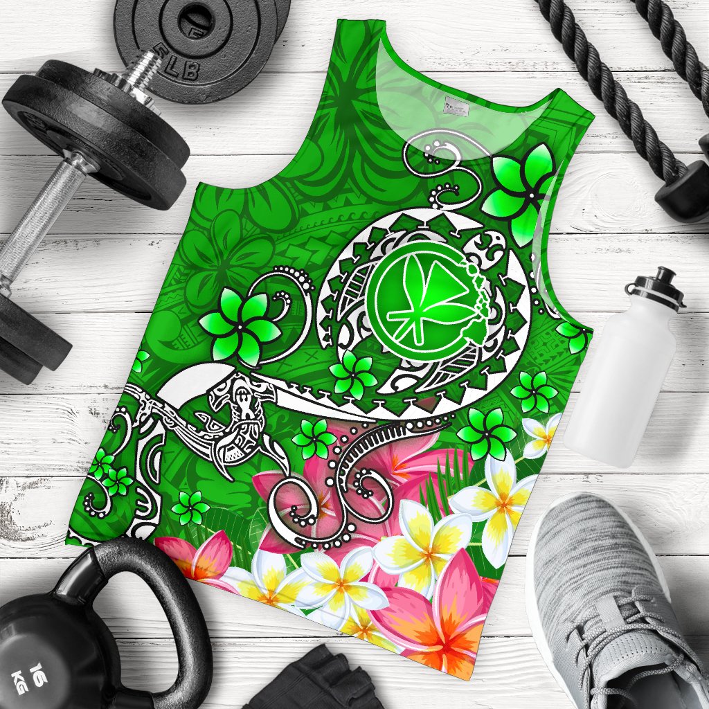 Hawaii Men's Tank Top - Turtle Plumeria Polynesian Tattoo Green Color Green - Polynesian Pride