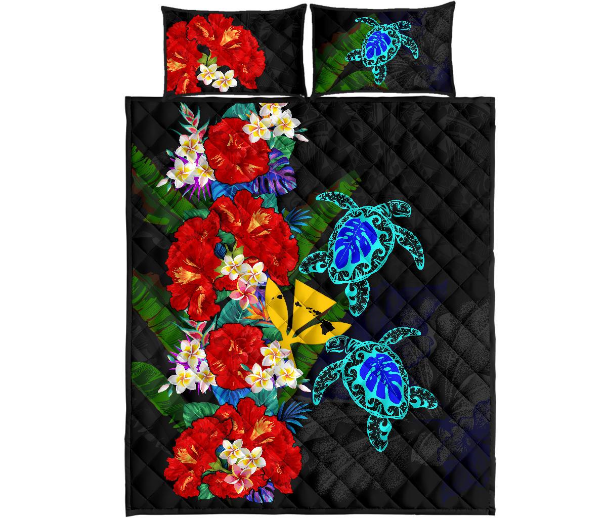 Kanaka Maoli (Hawaiian) Quilt Bed Set - Polynesian Hibiscus Turtle Palm Leaves Blue - Polynesian Pride