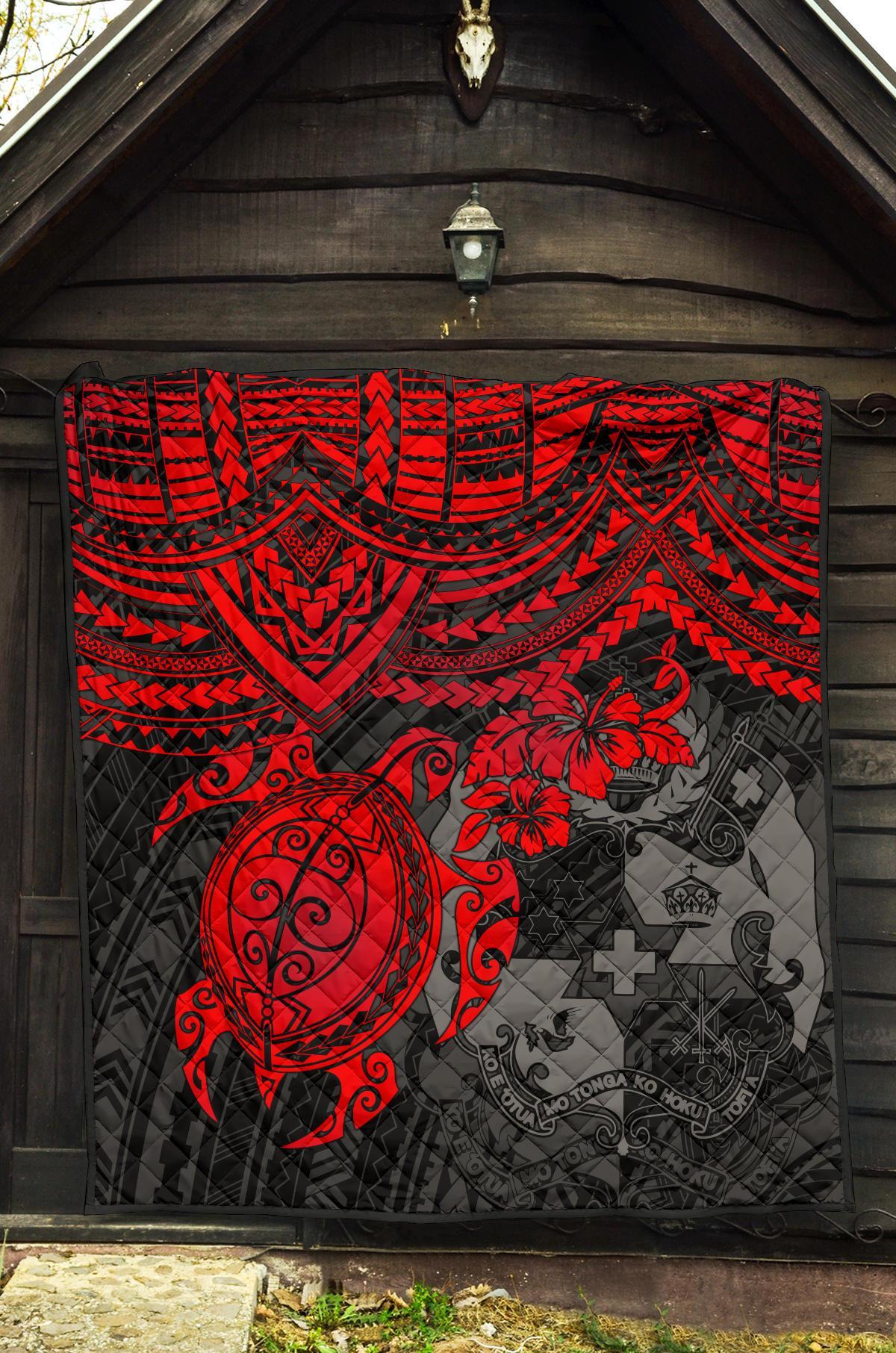 Tonga Polynesian Premium Quilts - Tonga Coat Of Arms & Red Turtle Hibiscus - Polynesian Pride