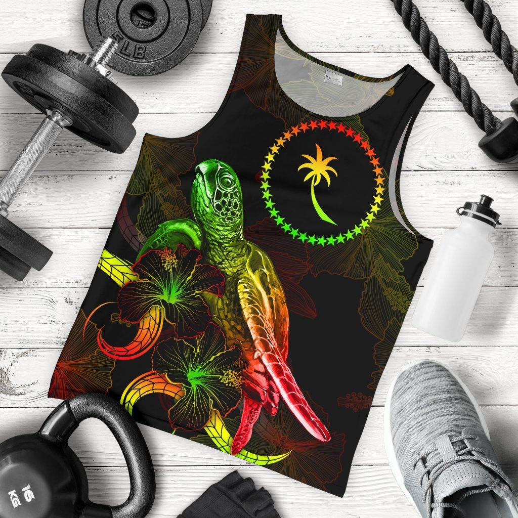 Chuuk Polynesian Men Tank Top - Turtle With Blooming Hibiscus Reggae Reggae - Polynesian Pride