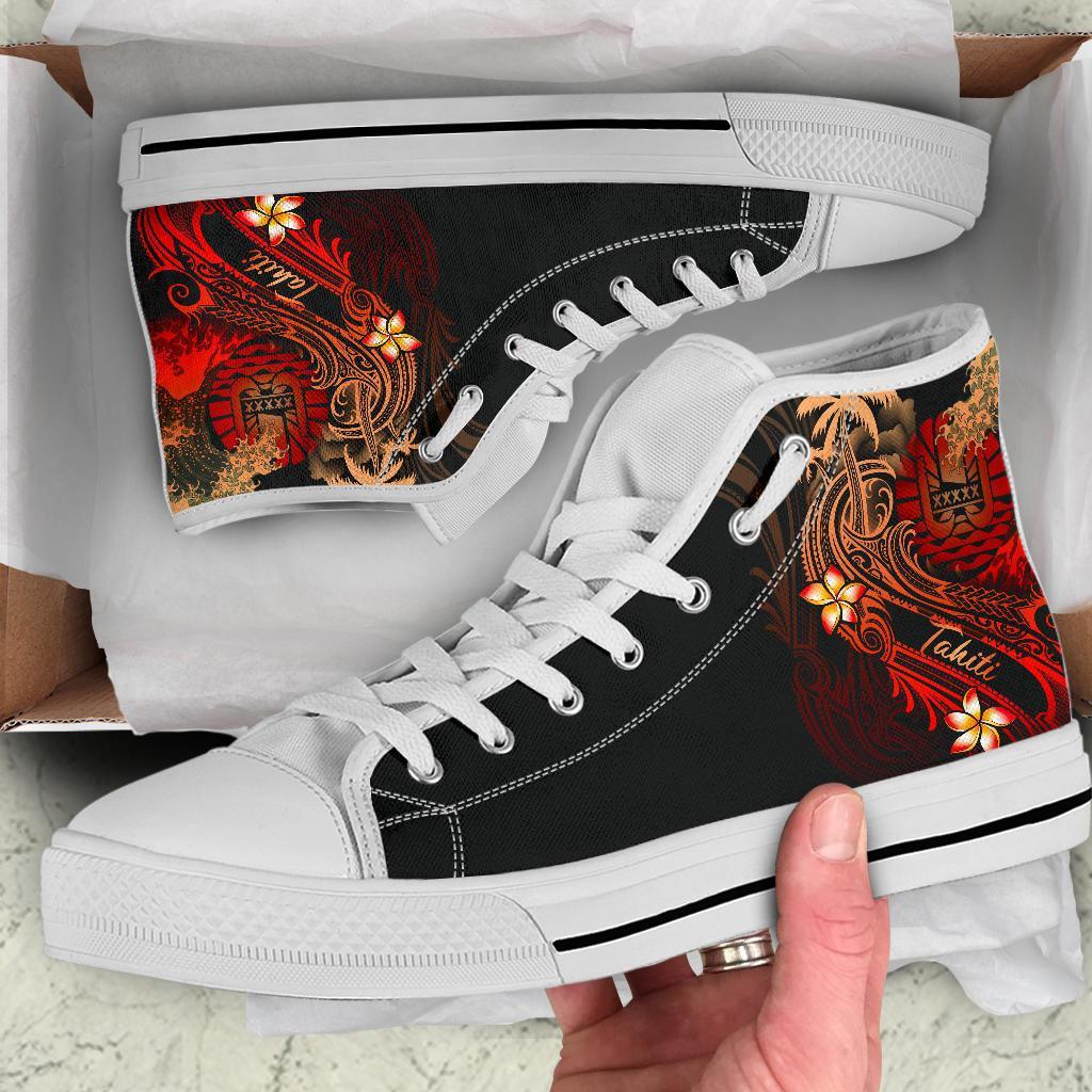 Tahiti Polynesian High Top Shoes - Plumeria Flowers And Waves - Polynesian Pride