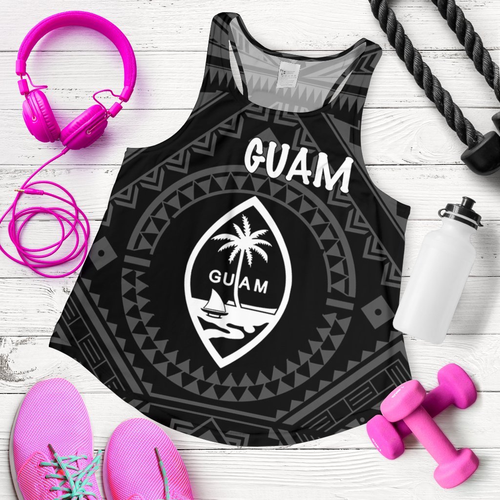 Guam Women's Racerback Tank - Guam Seal With Polynesian Tattoo Style (Black) Black - Polynesian Pride