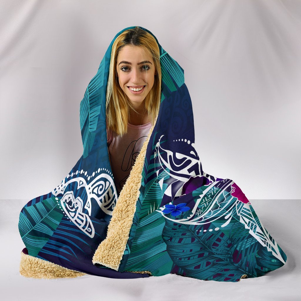 hawaiiHooded Blanket - Hawaii Turtle Flowers And Palms Retro - Polynesian Pride