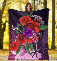 Polynesian Hawaii Premium Blanket - Purple Hibiscus Turtle Flowing - Polynesian Pride