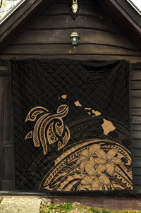 Hawaii Map Plumeria Polynesian Gold Premium Quilt - Polynesian Pride