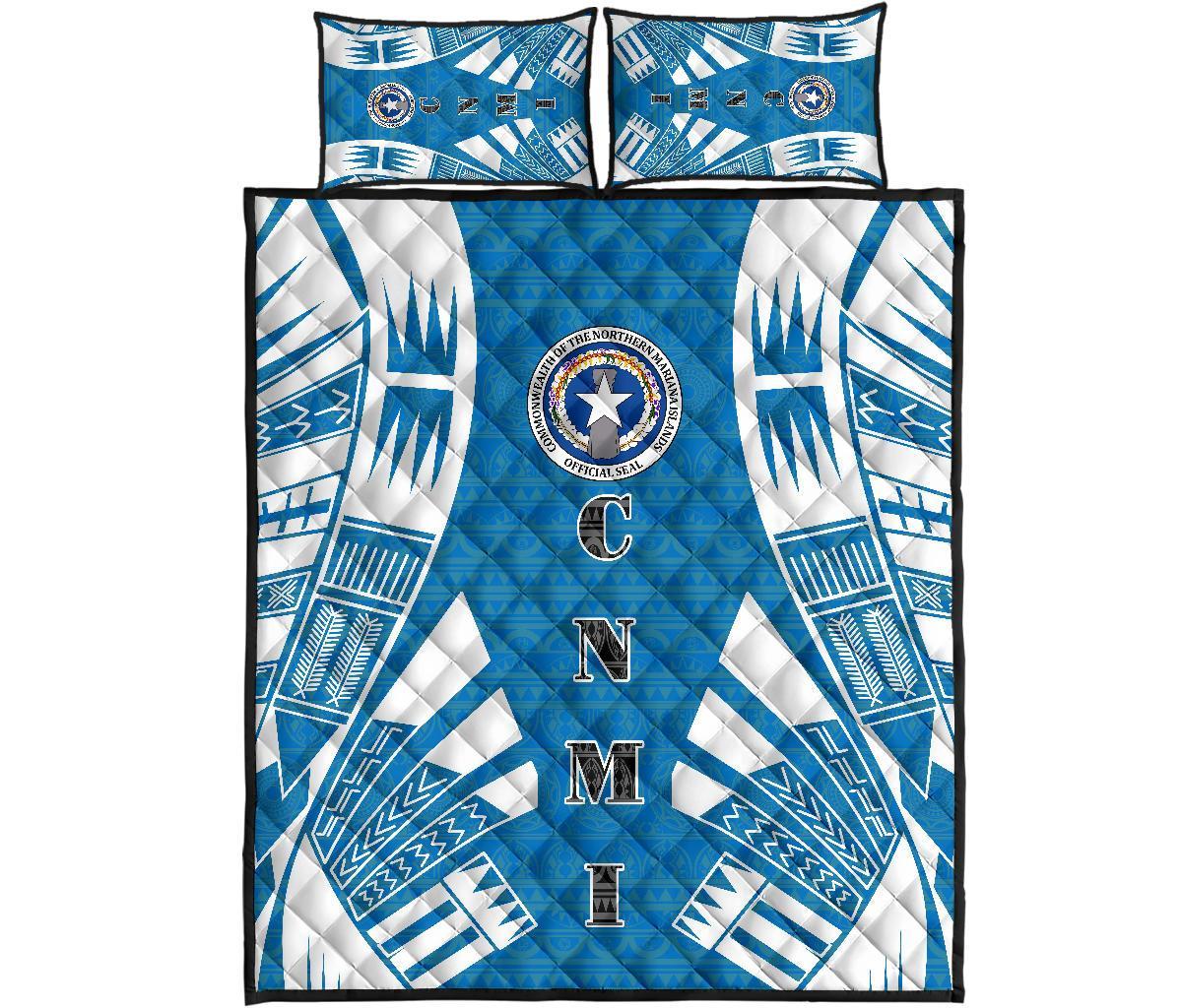 Northern Mariana Islands Quilt Bed Set - Northern Mariana Islands Seal & Polynesian White Tattoo Style Blue - Polynesian Pride