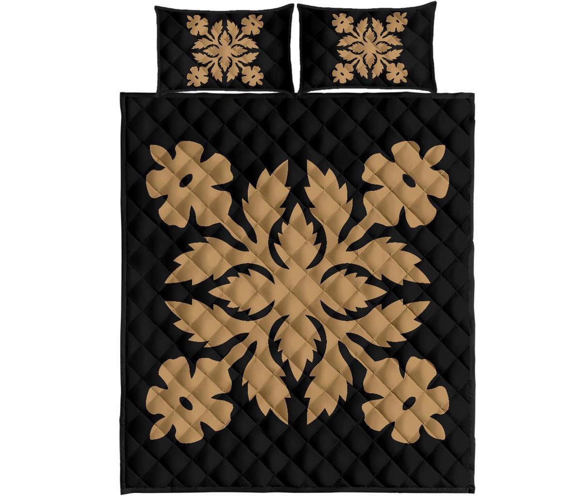 Hawaiian Quilt Bed Set Royal Pattern - Black And Gold - B2 Style - Polynesian Pride