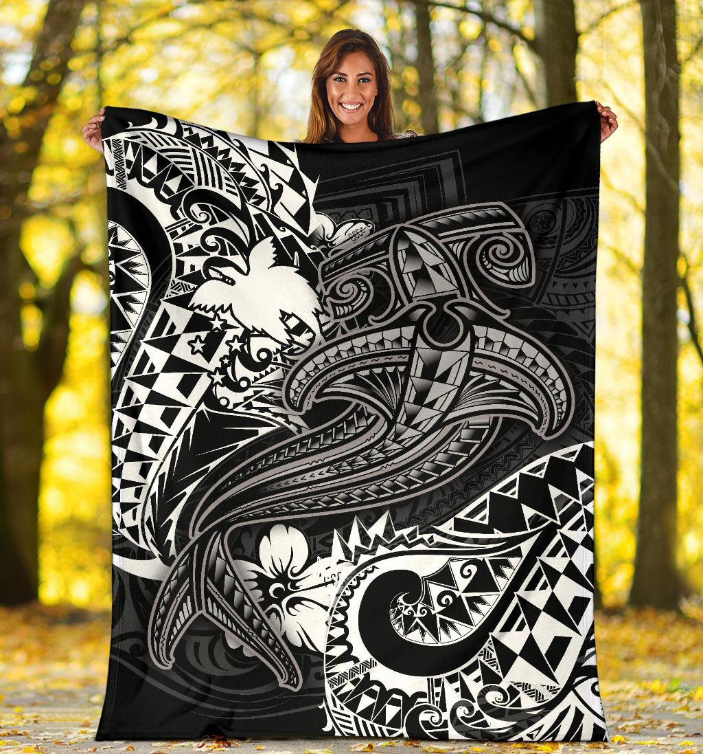 Papua New Guinea Premium Blanket - White Shark Polynesian Tattoo - Polynesian Pride