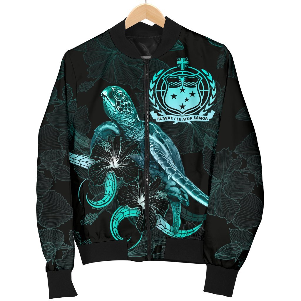 Samoa Polynesian Men's Bomber Jacket - Turtle With Blooming Hibiscus Turquoise - Polynesian Pride